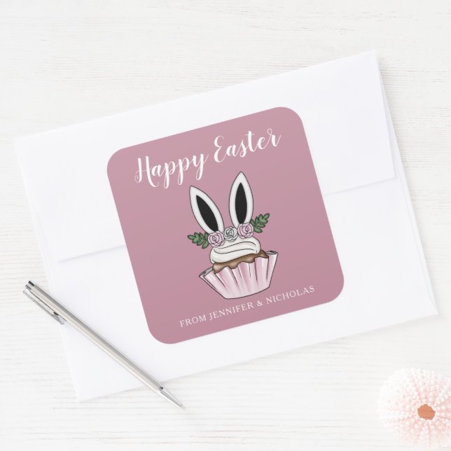 Cute Pink Cupcake Bunny Ears Happy Easter Square Sticker (Envelope)