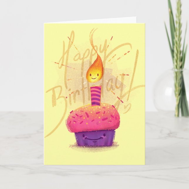 Cute Pink Cupcake & Candle Cartoon Birthday Card (Front)