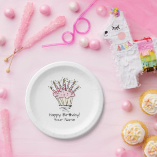 Cute pink cupcake drawing Birthday party plates
