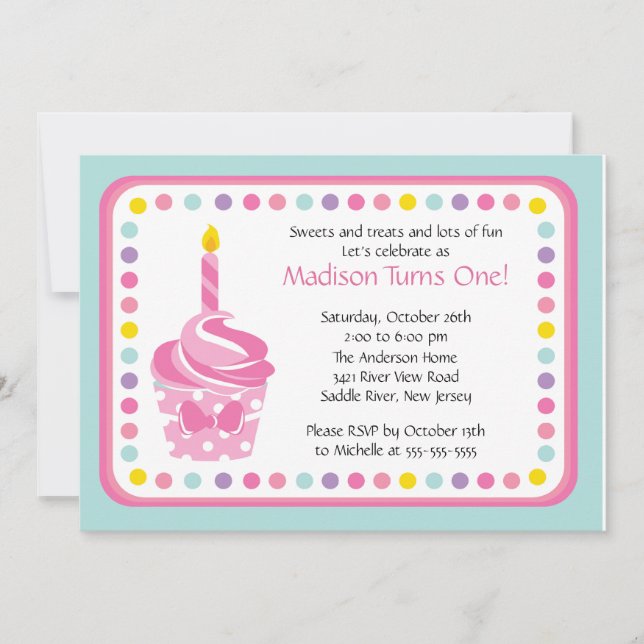 Cute Pink Cupcake Girl Birthday Party Invitation (Front)