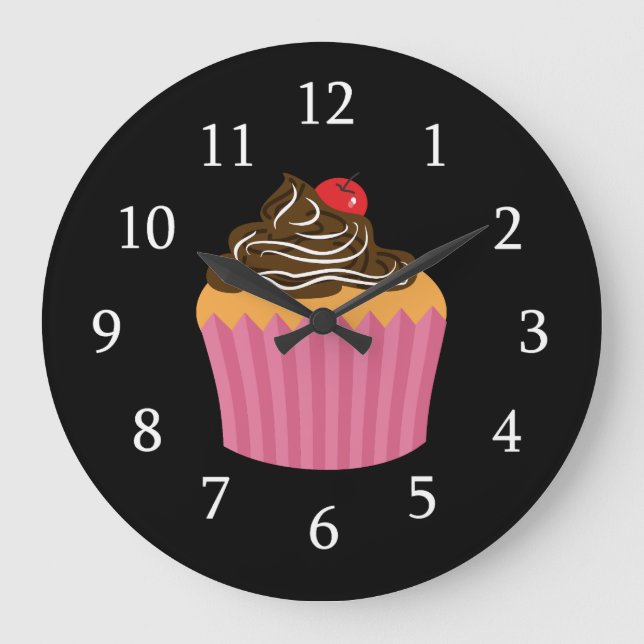 Cute Pink Cupcake On Black Large Clock (Front)