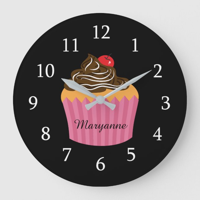 Cute Pink Cupcake On Black Personalised Kitchen Large Clock (Front)