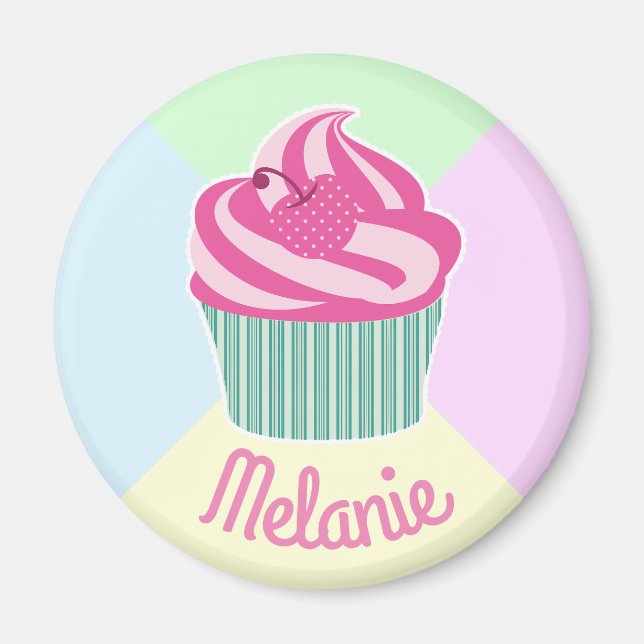 Cute Pink Cupcake Pastel Colours Personalised Magnet (Front)
