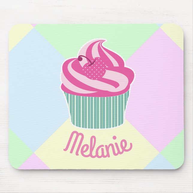 Cute Pink Cupcake Pastel Colours Personalised Mouse Mat (Front)