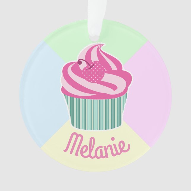 Cute Pink Cupcake Pastel Colours Personalised  Ornament (Front)
