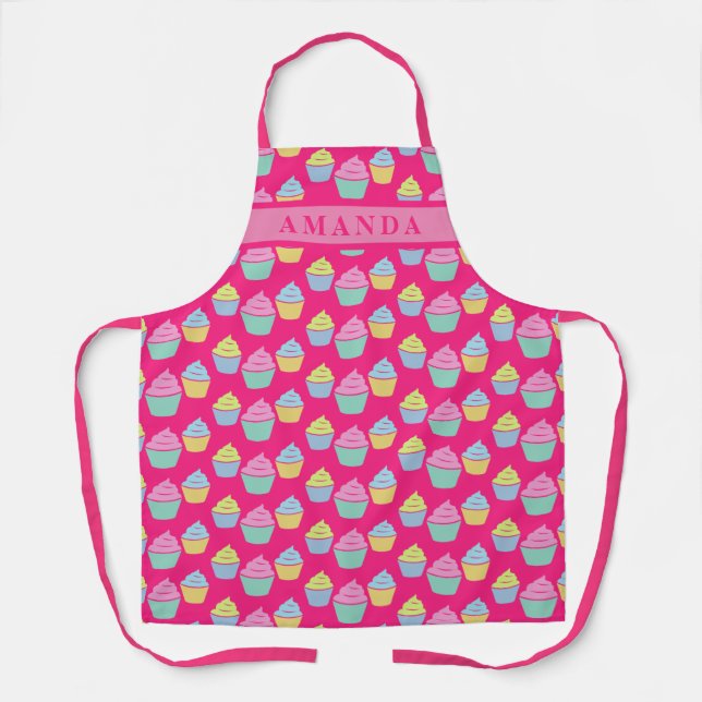 Cute pink cupcake print custom name kitchen baking apron (Front)