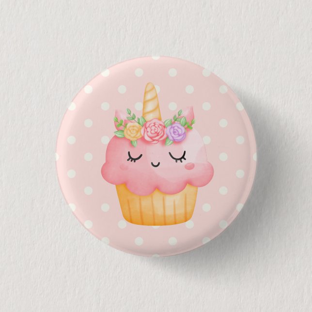 Cute Pink Cupcake Unicorn with Roses 3 Cm Round Badge (Front)