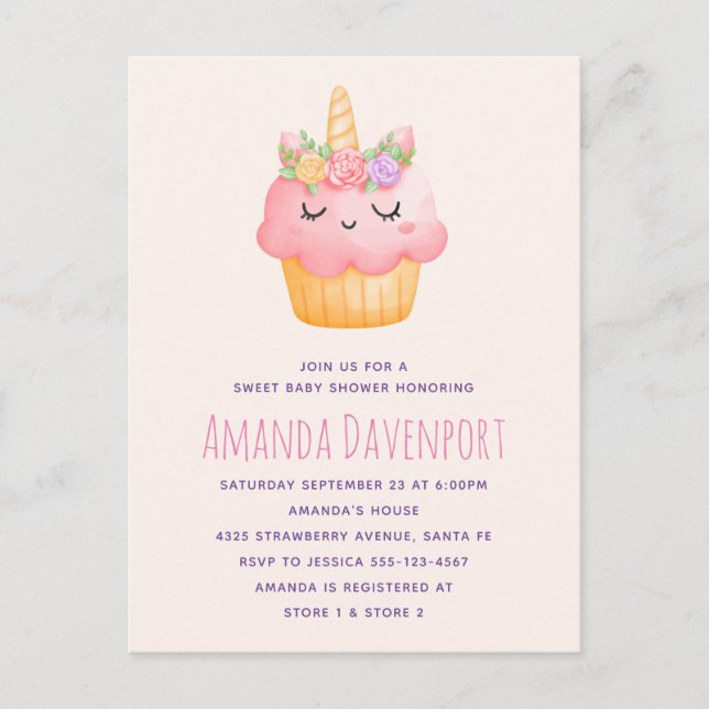 Cute Pink Cupcake Unicorn with Roses Baby Shower Invitation Postcard (Front)