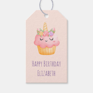 Cute Pink Cupcake Unicorn with Roses Birthday Gift Tags