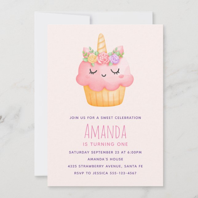 Cute Pink Cupcake Unicorn with Roses Birthday Invitation (Front)
