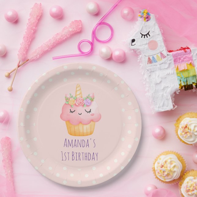 Cute Pink Cupcake Unicorn with Roses Birthday Paper Plate (Party)