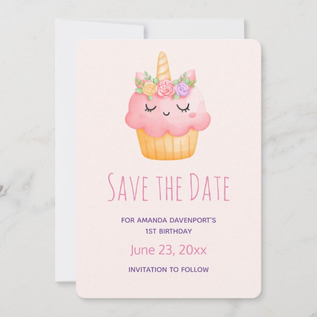 Cute Pink Cupcake Unicorn with Roses Birthday Save The Date (Front)