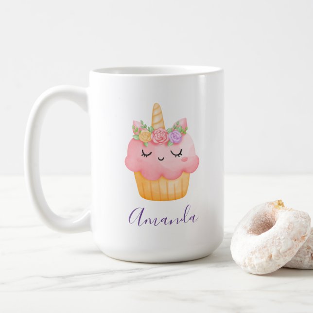 Cute Pink Cupcake Unicorn with Roses Coffee Mug (With Donut)