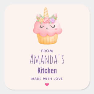 Cute Pink Cupcake Unicorn with Roses Kitchen Square Sticker