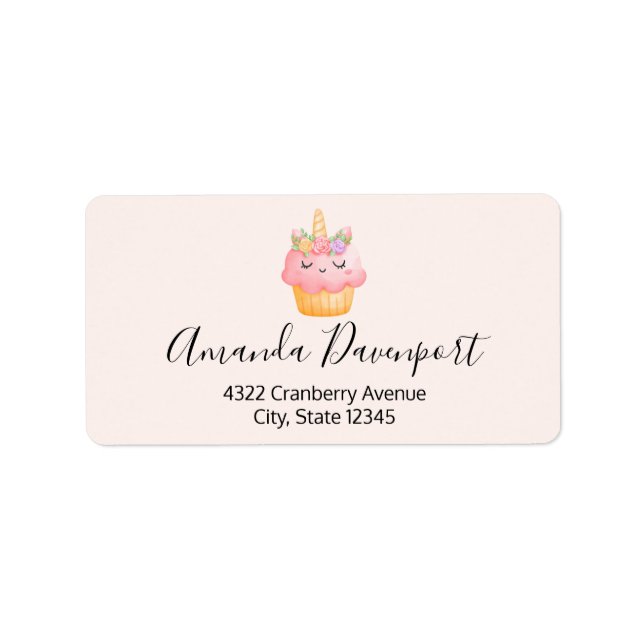 Cute Pink Cupcake Unicorn with Roses  Label (Front)