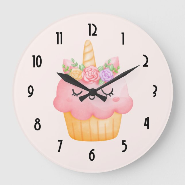 Cute Pink Cupcake Unicorn with Roses Large Clock (Front)