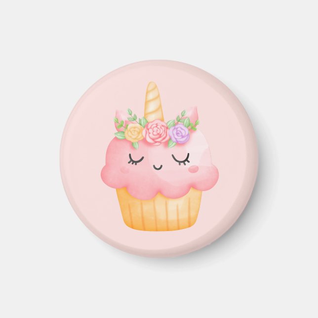 Cute Pink Cupcake Unicorn with Roses Magnet (Front)