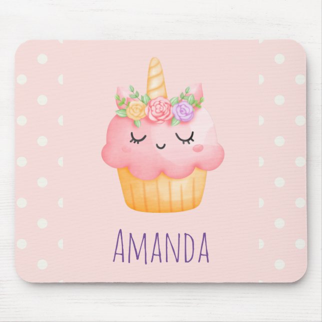  Cute Pink Cupcake Unicorn with Roses  Mouse Mat (Front)