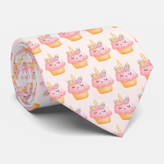 Cute Pink Cupcake Unicorn with Roses Pattern Tie (Rolled)
