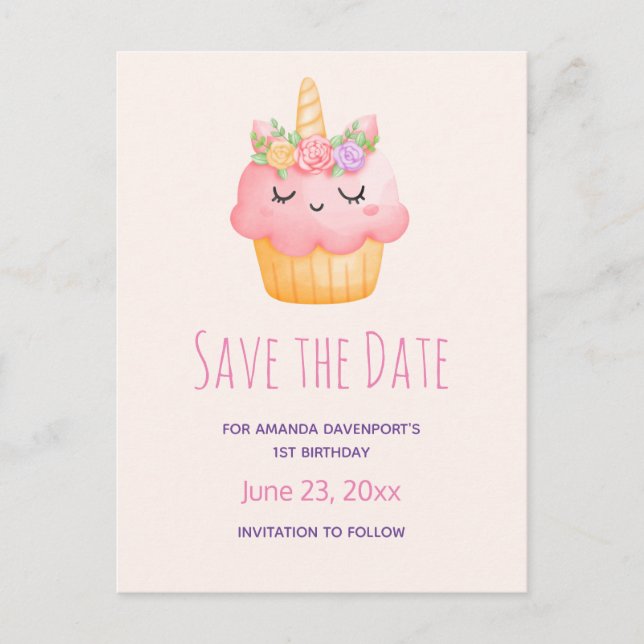 Cute Pink Cupcake Unicorn with Roses Save the Date Invitation Postcard (Front)