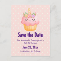 Cute Pink Cupcake Unicorn with Roses Save the Date