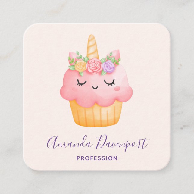 Cute Pink Cupcake Unicorn with Roses Square Business Card (Front)