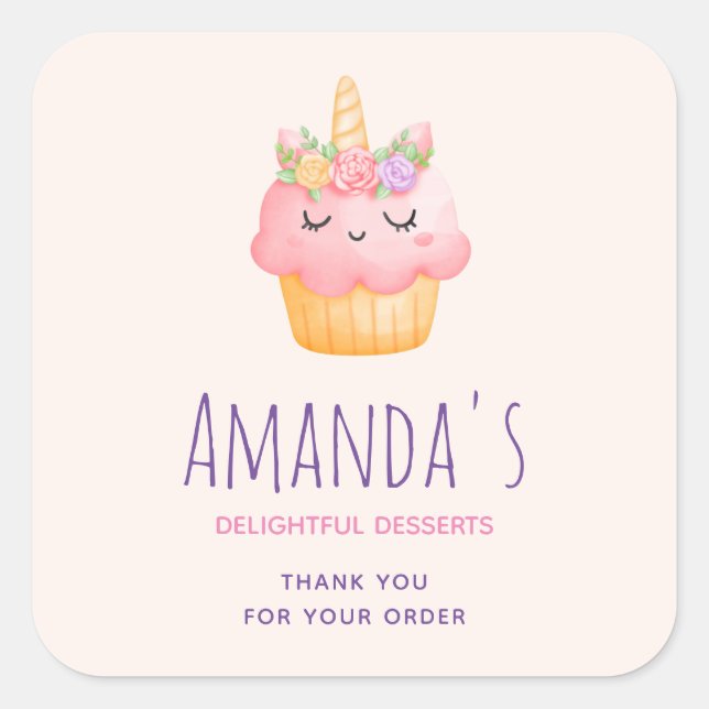 Cute Pink Cupcake Unicorn with Roses Square Sticker (Front)