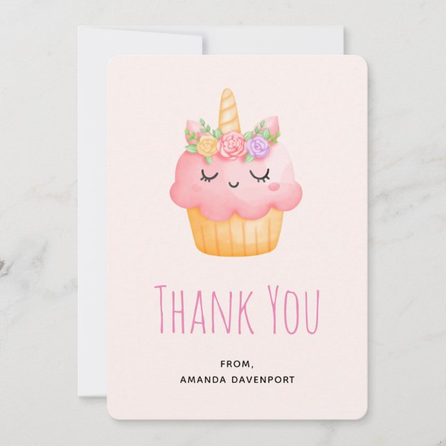 Cute Pink Cupcake Unicorn with Roses Thank You Card (Front)