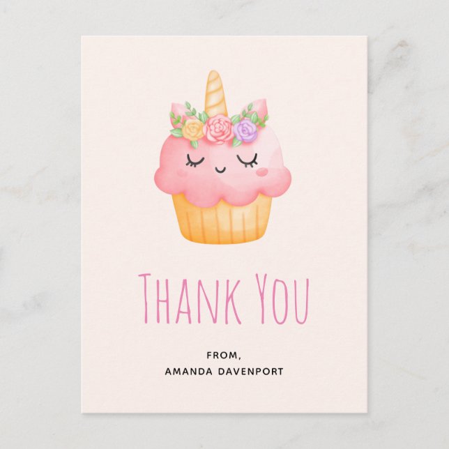 Cute Pink Cupcake Unicorn with Roses Thank You Postcard (Front)