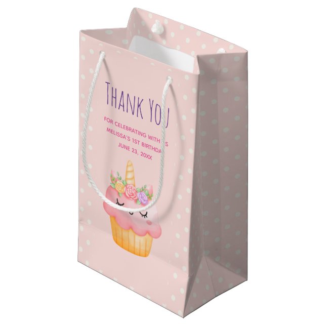 Cute Pink Cupcake Unicorn with Roses Thank You Small Gift Bag (Front Angled)