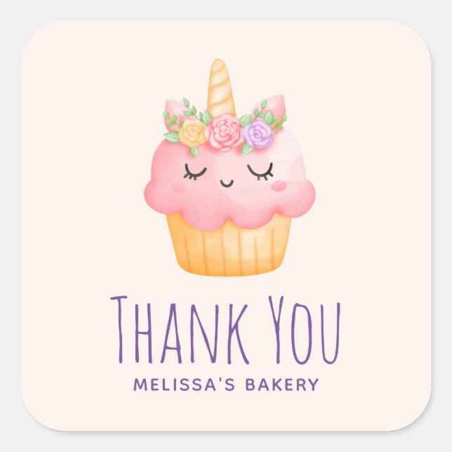 Cute Pink Cupcake Unicorn with Roses Thank You Square Sticker (Front)