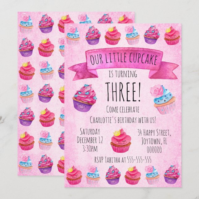 Cute Pink Cupcake Watercolor Girl's Birthday Invitation (Front/Back)