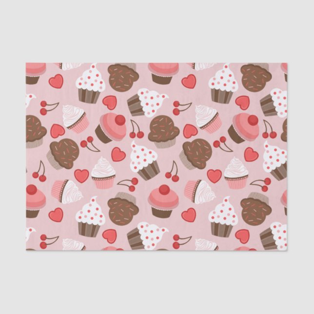Cute Pink Cupcakes, Hearts And Cherries Pattern Tissue Paper (Front)