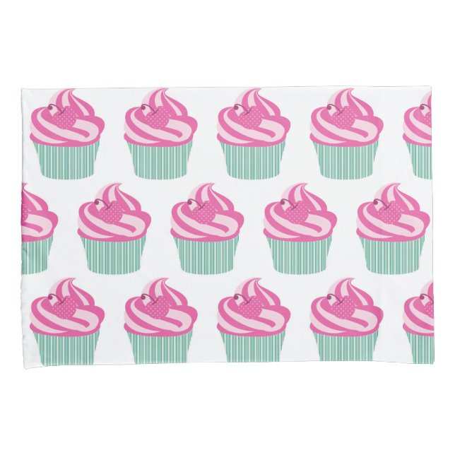 Cute Pink Cupcakes Pattern Pastel Pink and White Pillowcase (Front-Right)