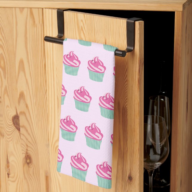 Cute Pink Cupcakes Pattern Pastel Pink Tea Towel (Thirds Fold)
