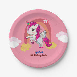 Cute Pink Custom 5th Unicorn Birthday Party Paper Plate