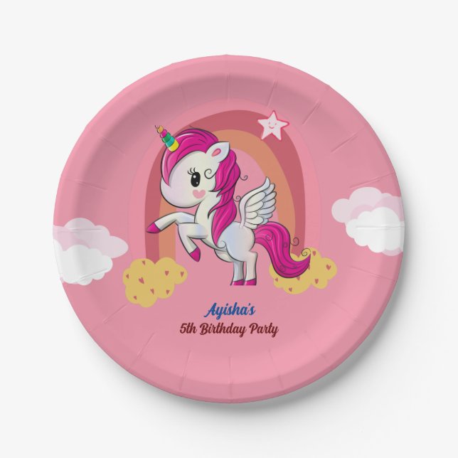 Cute Pink Custom 5th Unicorn Birthday Party Paper Plate (Front)