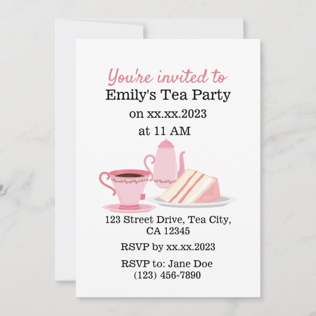 Cute Pink Customisable Tea Party  Invitation (Front)