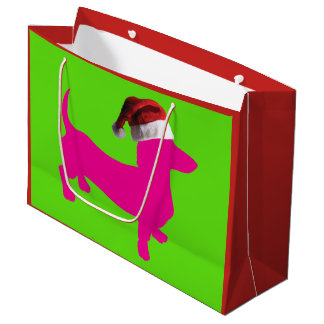 Cute Pink Dachshund Wearing a Santa Claus Hat Large Gift Bag