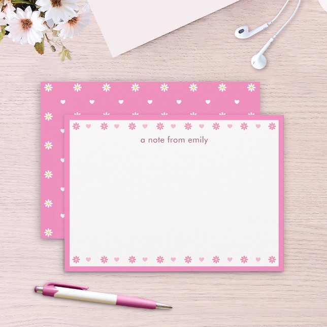 Cute Pink Daisies & Hearts Personalised Note Card (Creator Uploaded)