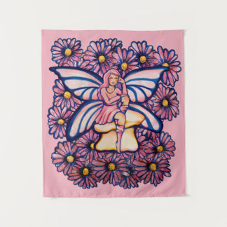 Cute Pink Daisy Fairy Mushroom Art Fairies Tapestry
