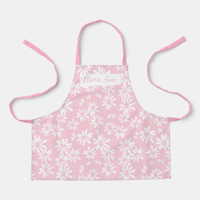 Cute Pink Daisy Floral Girls Apron for kids (Front)