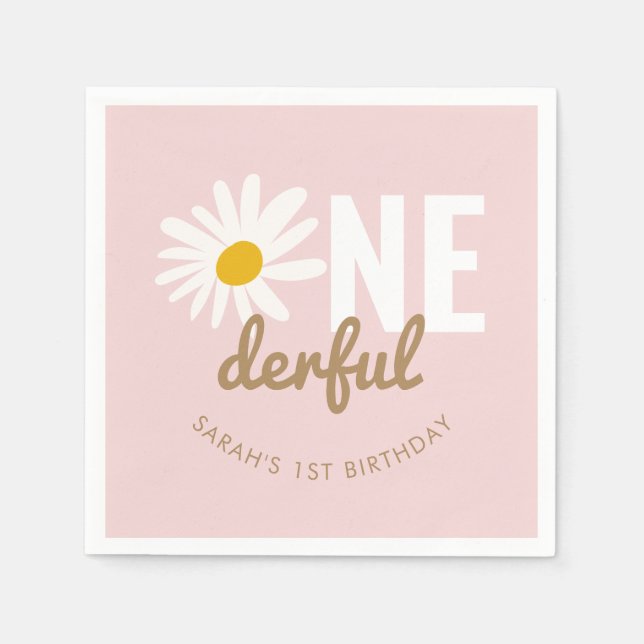 Cute Pink Daisy ONEderful 1st Birthday Party Napkin (Front)