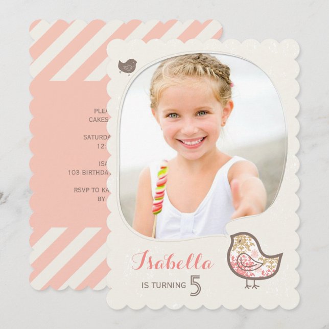 Cute Pink Damask Bird Photo Girl Birthday Invite (Front/Back)