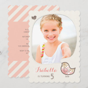 Cute Pink Damask Bird Photo Girl Birthday Invite
