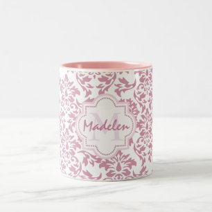 cute pink damask,name initial monogram Two-Tone coffee mug