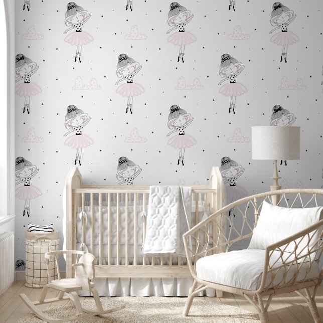 Cute Pink Dancing Ballerina Stars Girl's Room Wallpaper (Kids)