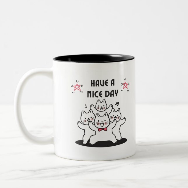 Cute Pink Dancing Cats Two-Tone Coffee Mug (Left)