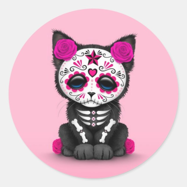 Cute Pink Day of the Dead Kitten Cat Classic Round Sticker (Front)