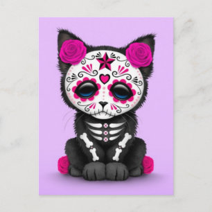 Cute Pink Day of the Dead Kitten Cat, purple Postcard
